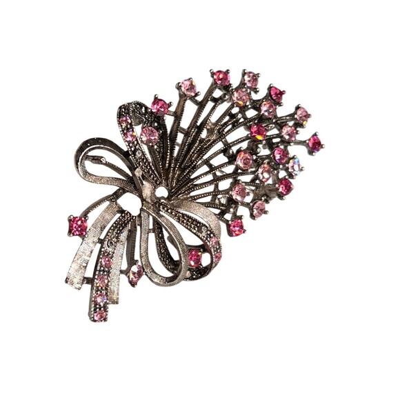 VINTAGE MCM Pink and Silver tone Rhinestone Glamour Floral Bouquet Brooch - Picture 12 of 12